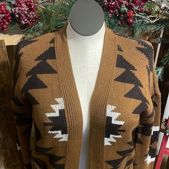 Lucky Brand Open Front Aztec Design Southwestern long Cardigan sweater Brown Sm - Picture 9 of 11